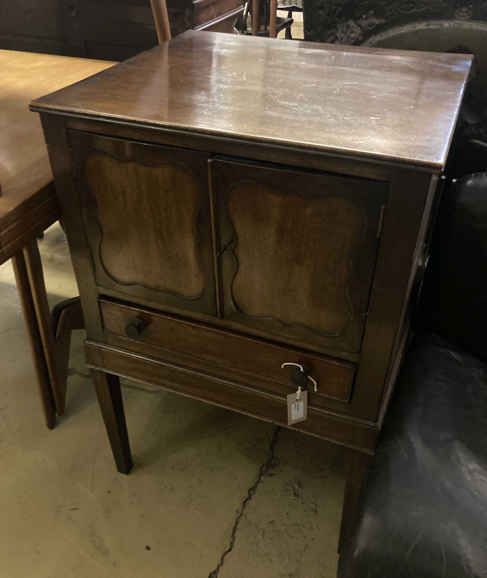 A George III mahogany cupboard, fitted drawer, width 59cm depth 52cm height 88cm